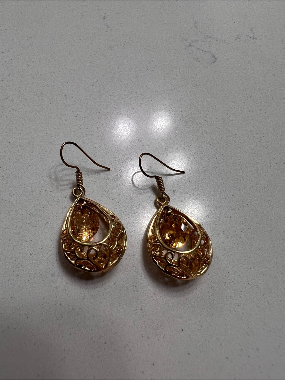 Vintage Gold Tone Teardrop Earrings w/ Champagne Crystal + Pendant
